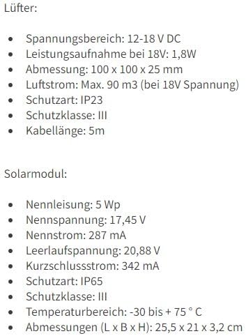 Solar Lüfterset FreshAir 5W Luftstrom max. 90m3 Lüfter 92x92mm Solarventilator Belüftungsset Ventila