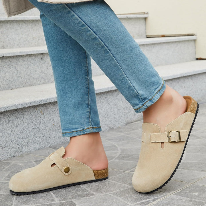 Intini Clogs Damen Herren Hausschuhe mit Fussbett Leder Pantoletten Gartenschuhe Geschlossene Bequem