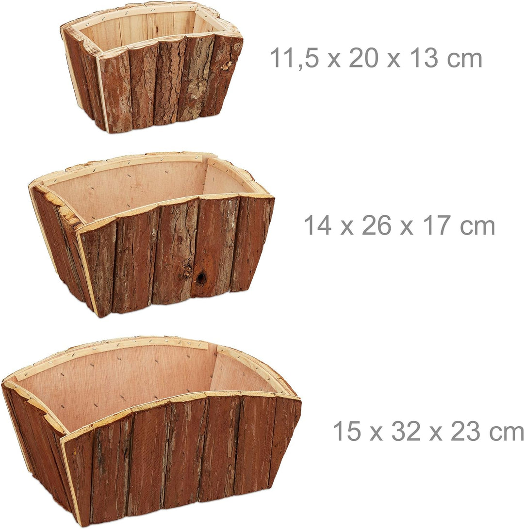 Relaxdays Blumenkasten 3er Set, natürliches Holz mit Rinde, Garten, Terrasse &amp; Fensterbank, Deko zum