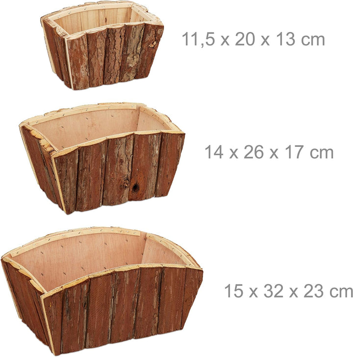 Relaxdays Blumenkasten 3er Set, natürliches Holz mit Rinde, Garten, Terrasse &amp; Fensterbank, Deko zum