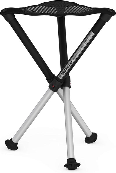 WALKSTOOL Comfort MIT GEPOLSTERTER Tasche Schwarz und Silber - 3-Beiniger Klapphocker aus Aluminium