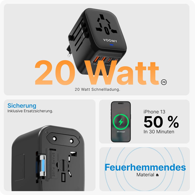 Voomy Reiseadapter Weltweit, Reisestecker mit 2 USB, 2 USB C und 1AC Steckdose, Internationaler Stec