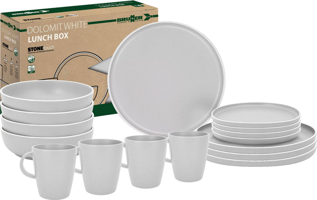 BRUNNER Melamin Geschirr Set Lunch Box Dolomit Stone Touch Camping Teller 16tlg Weiss, Weiss