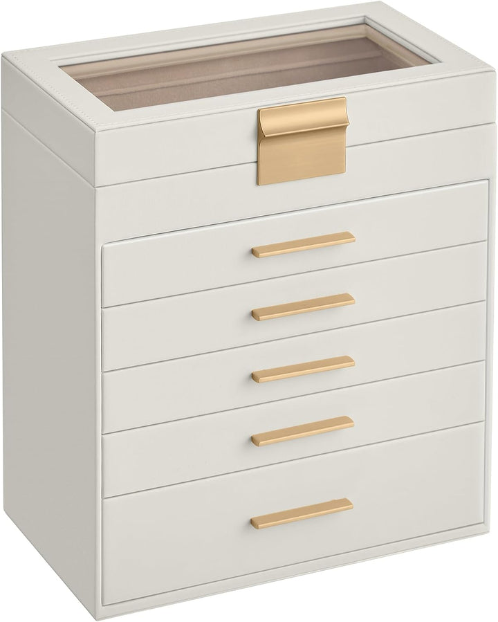 SONGMICS Schmuckkästchen, Schmuckkasten mit 6 Ebenen, Schmuckbox mit Glasdeckel, 5 Schubladen, für S