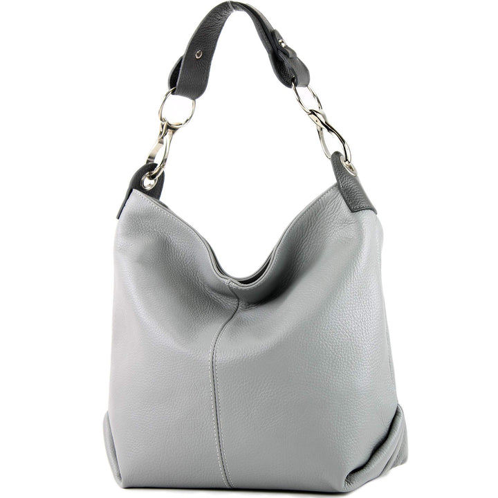modamoda de - T168 - ital Schultertasche Umhängetasche aus Leder Grau/Dunkelgrau, Grau/Dunkelgrau