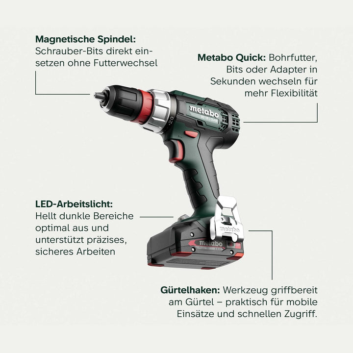metabo Akku-Bohrschrauber BS 18 L Quick - 18V, 60Nm Drehmoment - Überlastschutz, kompakt & leistungs