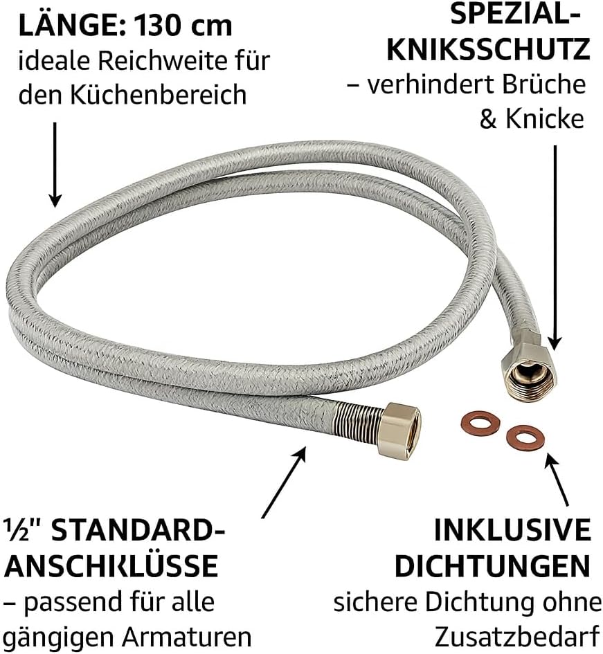 UZMAN Gastro Brauseschlauch 130cm mit Spezial-Knickschutz - 1/2" Standard Anschlüsse inkl. Dichtunge