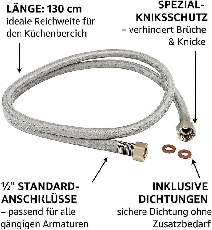 UZMAN Gastro Brauseschlauch 130cm mit Spezial-Knickschutz - 1/2" Standard Anschlüsse inkl. Dichtunge