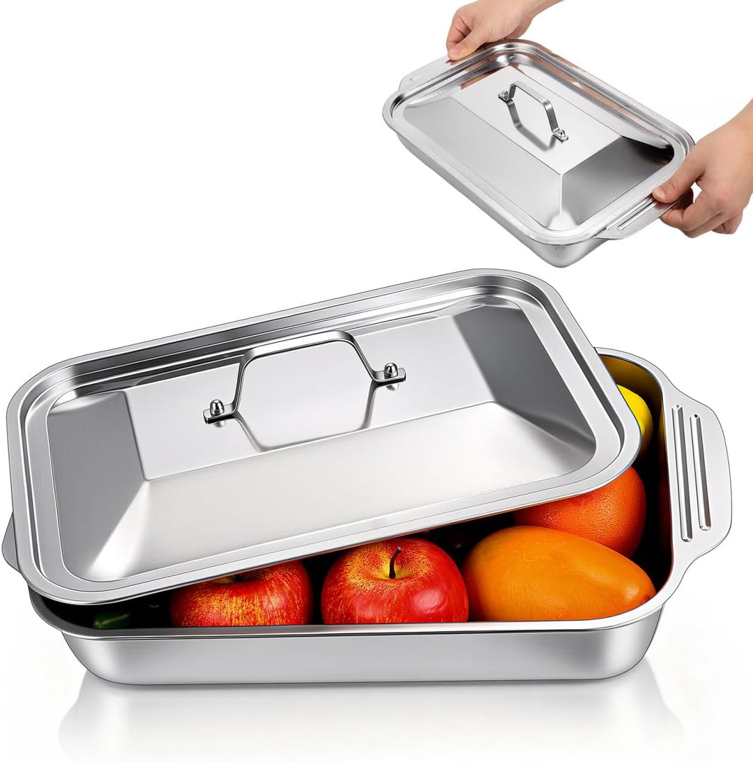BESTYASH Edelstahl Backblech Mit Deckel Rechteckiger Bräter 15.7 Zoll Tiefes Grill- Und Serviergesch