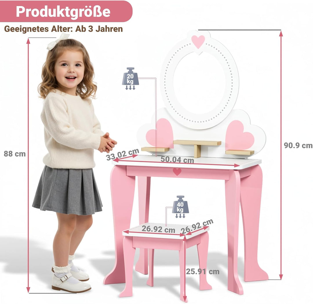 Clevich Schminktisch Kinder Set, 2 in 1 Kinderschminktisch mit Spiegel, Aufbewahrungsregale, Schreib