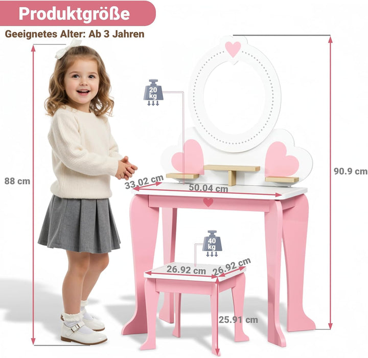 Clevich Schminktisch Kinder Set, 2 in 1 Kinderschminktisch mit Spiegel, Aufbewahrungsregale, Schreib