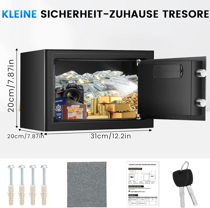 20L Safe Tresor für Zuhause, Stahl Safe mit Ersatzschlüssel, Abnehmbarem Regal und Alarmanlage, Klei
