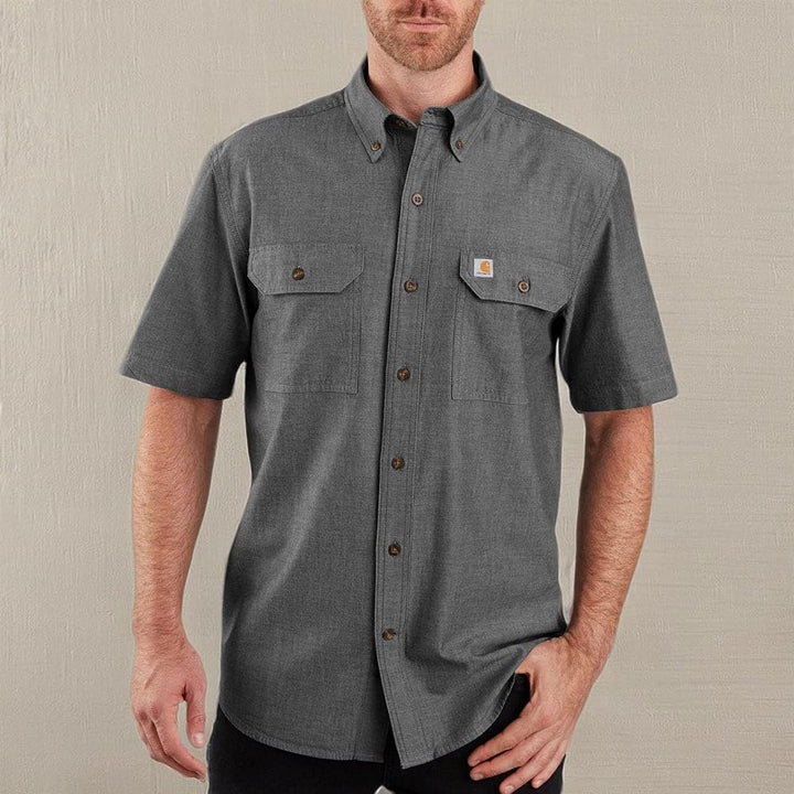 Carhartt Herren Loose Fit Midweight Chambray Short-Sleeve Work Utility Button Down Shirt S Black Cha