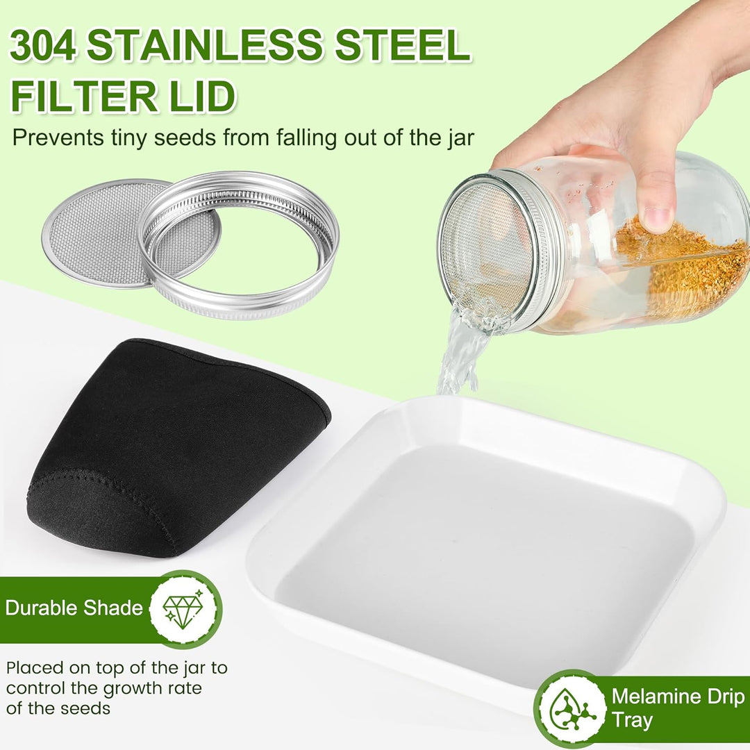 Sprossenglas 3er Set, 1000ml Keimglas für Sprossen mit Deckeln und Haltern Verdunklungshüllen und Sc