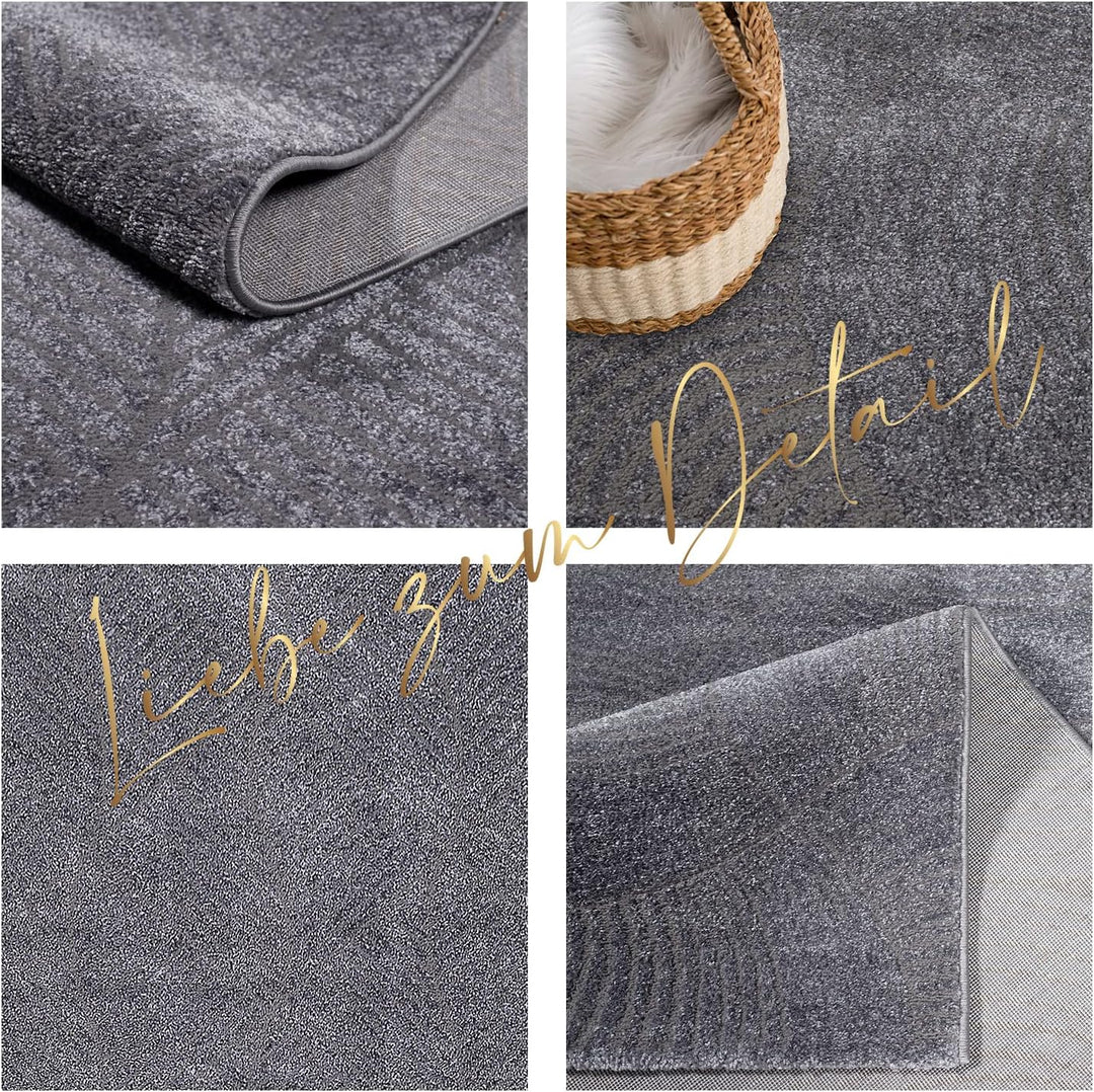 payé Teppich Wohnzimmer Einfarbig - 120x160cm - Grau Uni Geometrisch Wellen Muster Modern Kurzflor D