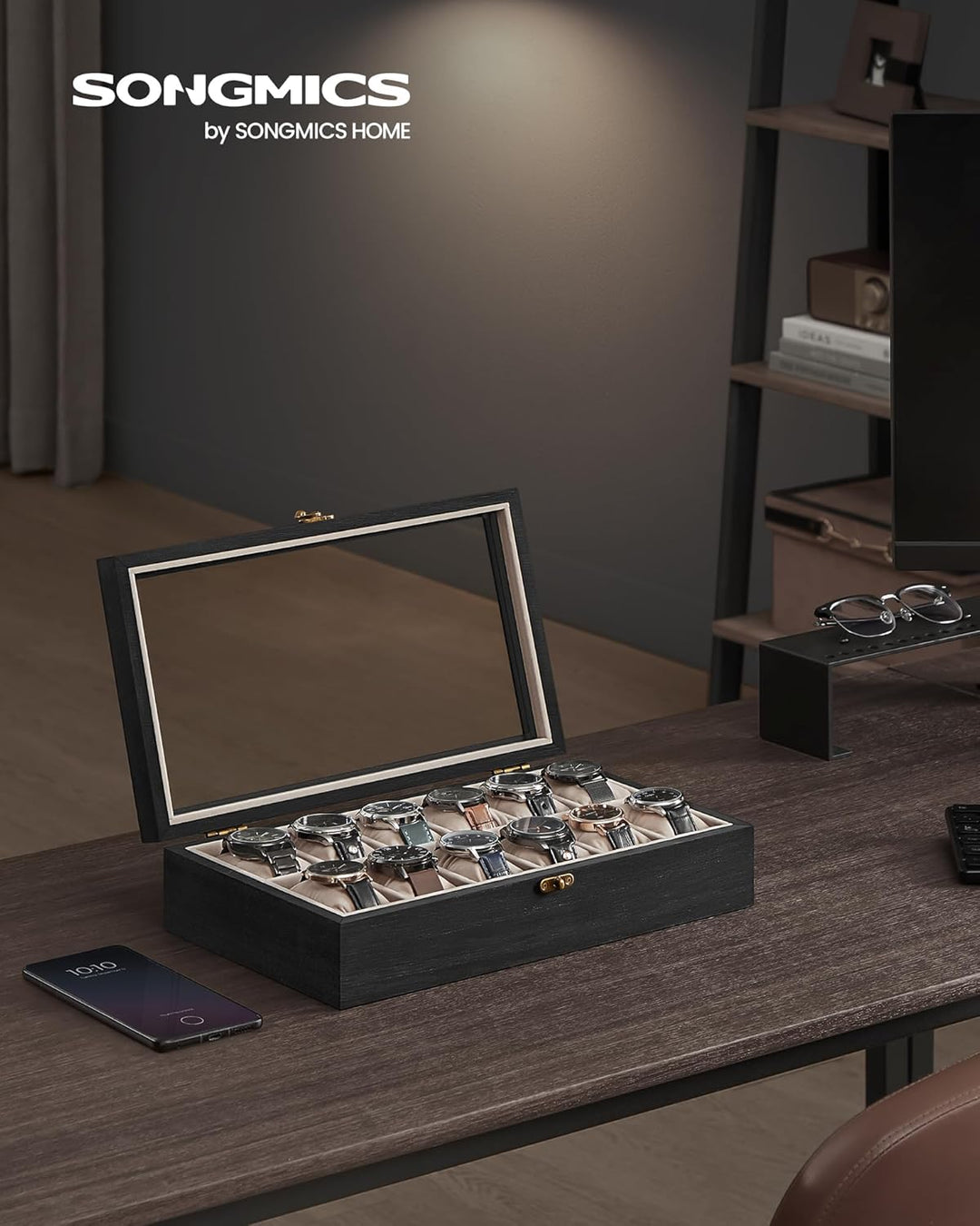 SONGMICS Uhrenbox mit 12 Fächern, Uhrenkasten aus Massivholz, mit Glasdeckel, Uhrenkissen, Geschenk
