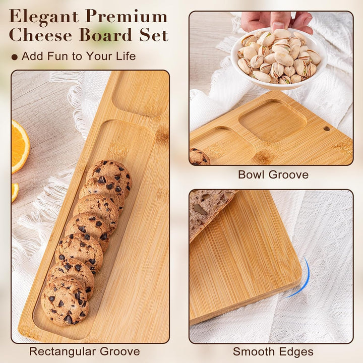 LATERN Bambus Käsebrett Set, 35CM x 27CM Holz Wurstplatte Käseplatte Cheese Charcuterie Board mit 4