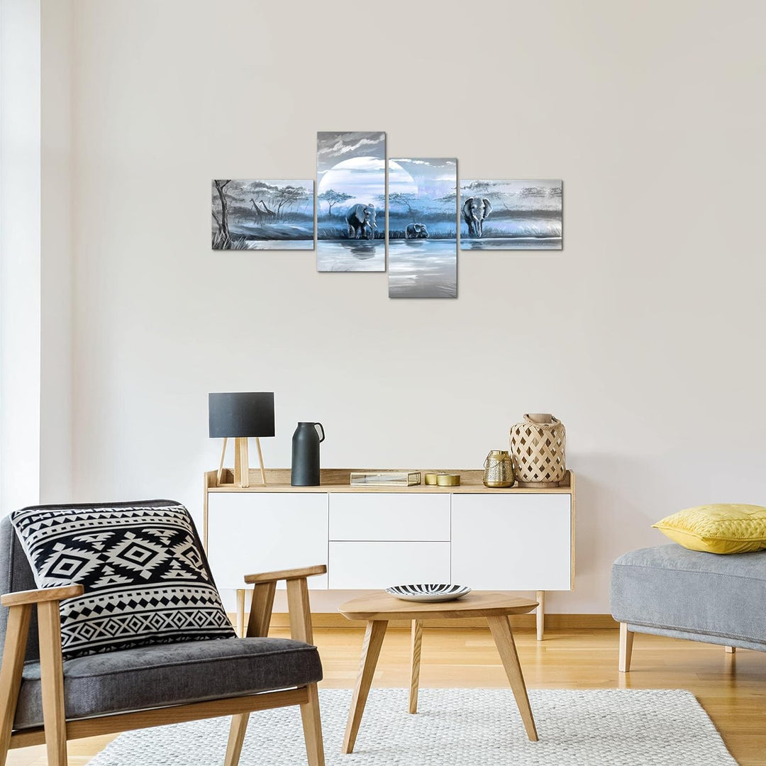 Runa Art Bild Modern Afrika Elefant - Made in Germany - Wandbilder Savanne Blau Grau 4 Teilig 000742