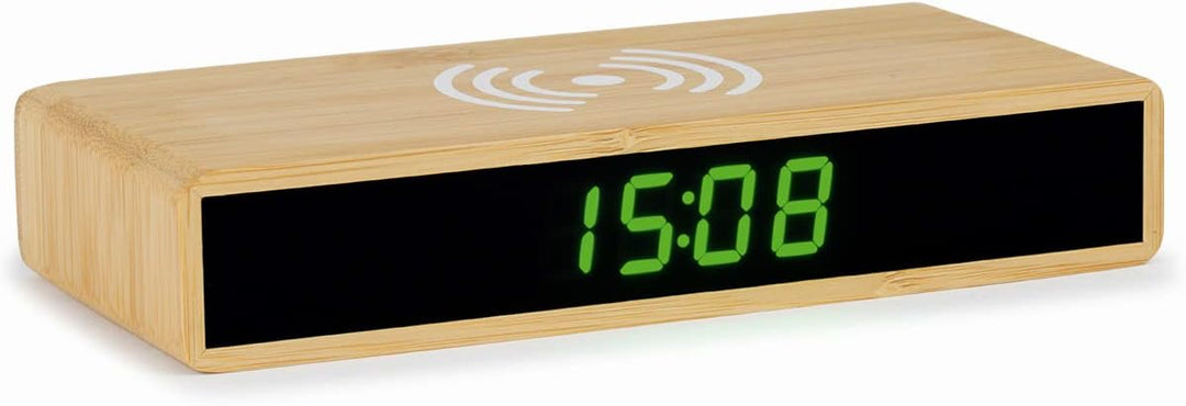 Atlanta Quarz-Wecker LED Anzeige mit Wireless Charging Induktiv Ladefunktion Bambus Gehäuse - 2603