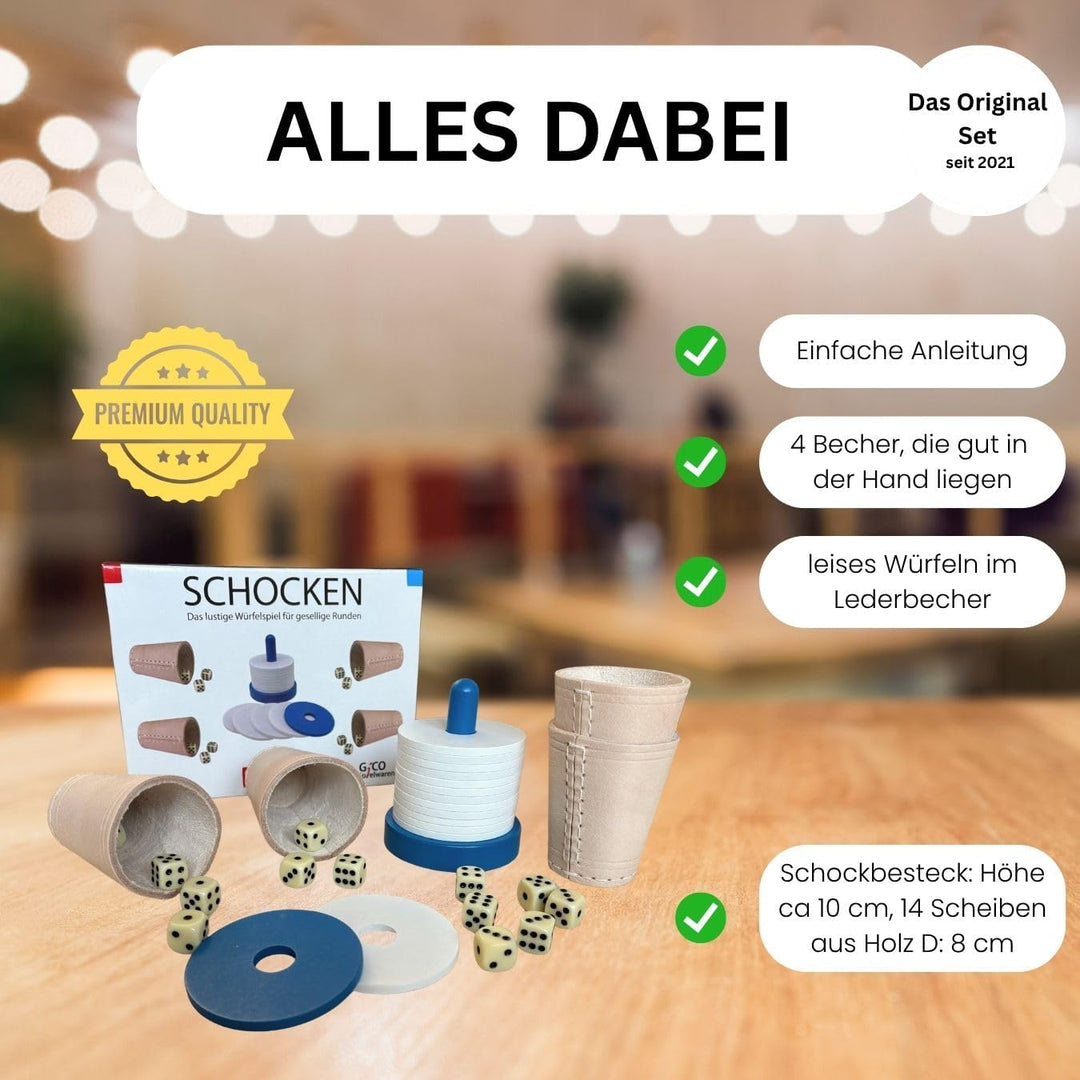 GICO Schocken Set - Komplett mit Schockbesteck, 4 Würfelbecher und 12 Würfeln - Jule Meiern Maxen Mö