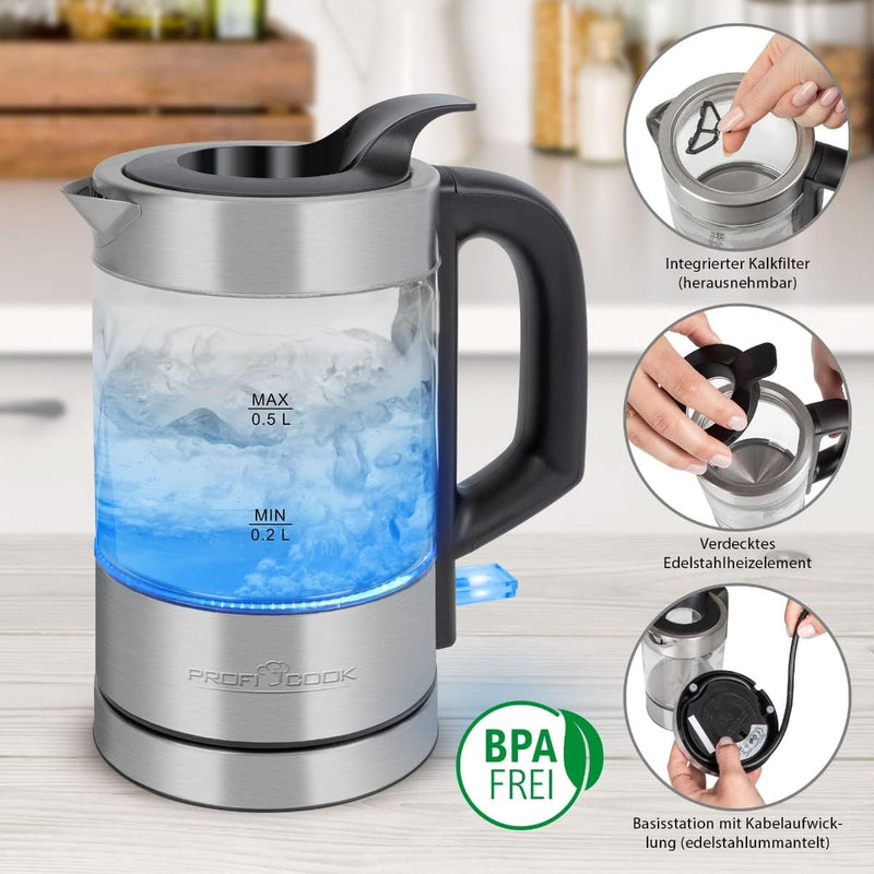 ProfiCook Wasserkocher Edelstahl beleuchtet, 0,5 Liter Mini Wasserkocher mit blauer Beleuchtung, Tee