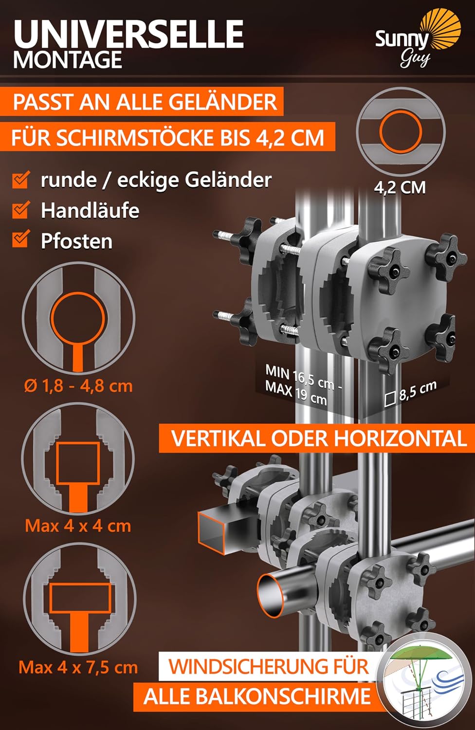 4smile Sonnenschirmhalter Balkongeländer + Windsicherung, Anthrazit 1er Set Sturmfest Set Anthrazit,