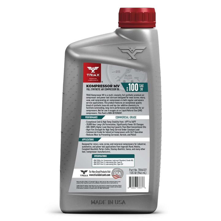 TRIAX Kompressor MV ISO100 (SAE30) – Vollsynthetisches Kompressor‑Öl, Non Detergent – Hohe Temperatu