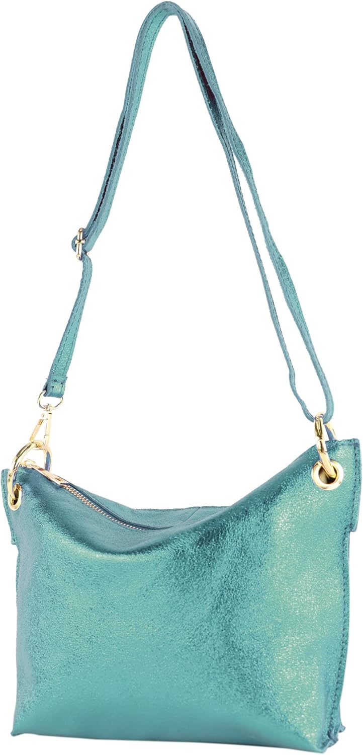 modamoda de T243 Damen Leder Umhängetasche Schultertasche handmade in Italy Petrol-metallic, Petrol-