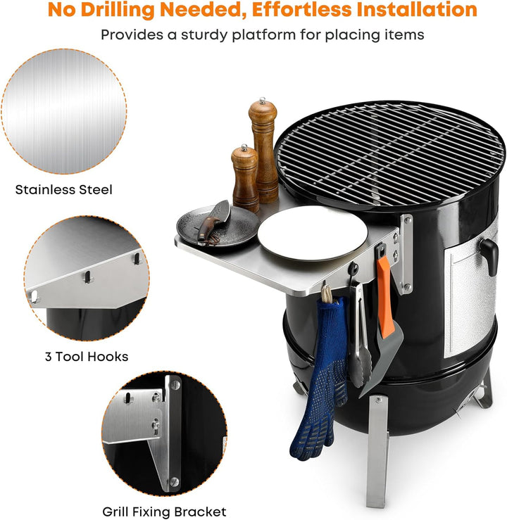 onlyfire Grill Beistelltisch für Weber Smoker Holzkohlengrill 47cm, Klappbar Grilltischregal, Edelst