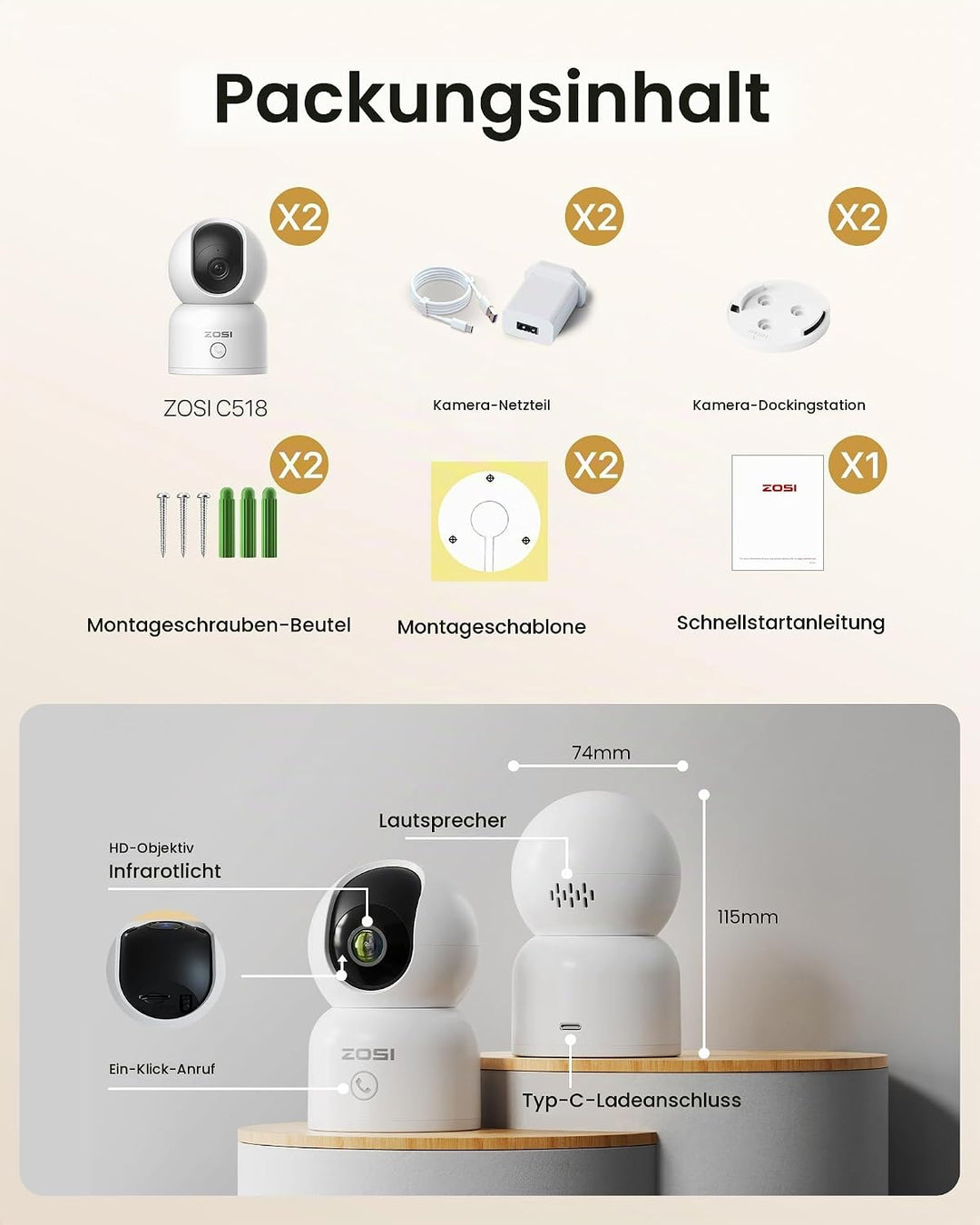 ZOSI 2K/3MP WLAN Überwachungskamera Innen, Babyphone mit Kamera, 2,4/5 GHz, 2-Wege-Audio, KI Persone