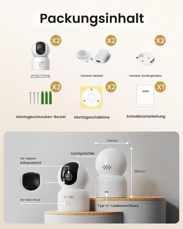 ZOSI 2K/3MP WLAN Überwachungskamera Innen, Babyphone mit Kamera, 2,4/5 GHz, 2-Wege-Audio, KI Persone