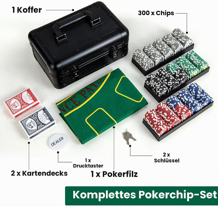 HOMASIS Profi Pokerset mit 300/400 Pokerchips, Pokerkoffer mit Matte, 2 Kartendecks, 5 Würfeln, 1 De