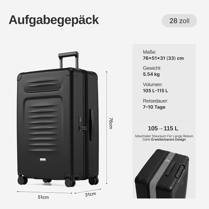 COOLIFE Koffer Gross, Leichter Reisekoffer Gross aus PC,105L–115L Erweiterbar Graphit Schwarz XL, Gr