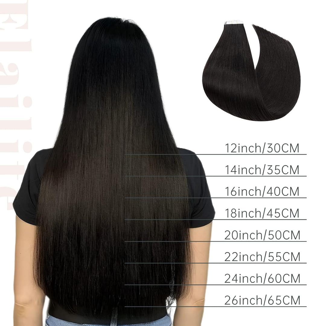 Elailite Echthaar Extensions Tape in #1B Naturschwarz 20 stück Invisible Kleber Haarverlängerung Kle