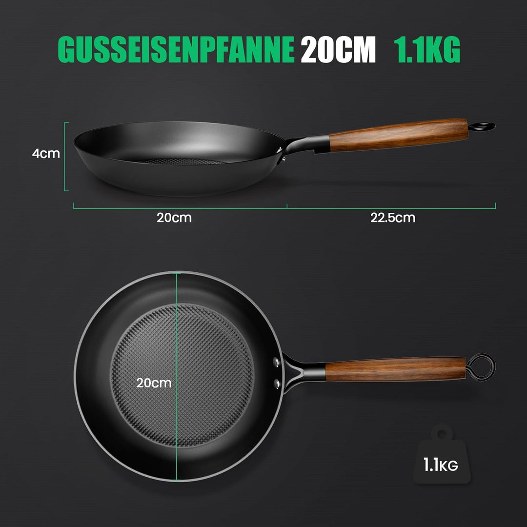 YUTANN Gusseisenpfanne 20 cm, Bratpfanne aus Massivem Gusseisen, Voreingebrannt und Gleichmässige Wä