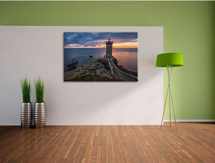 Pixxprint Leuchtturm im Sonnenuntergang, Format: 100x70 auf Leinwand, 100x70