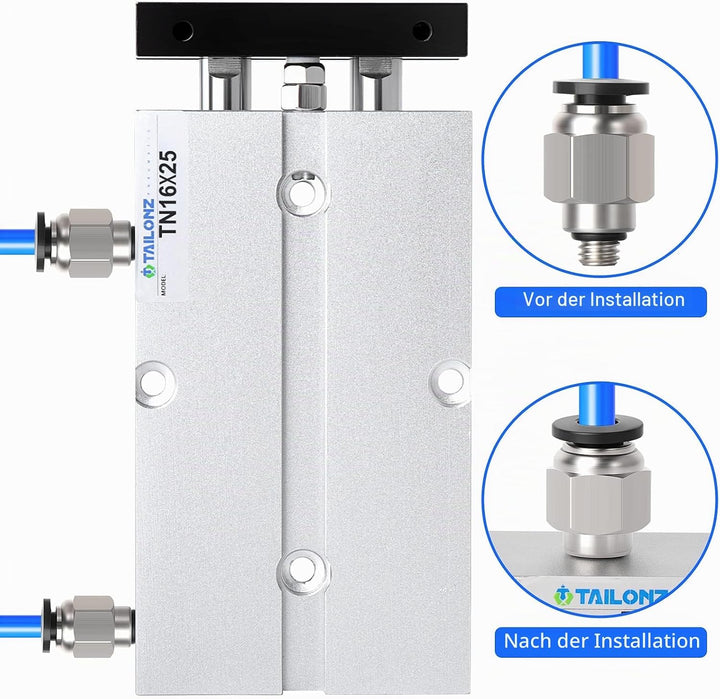 TAILONZ PNEUMATIC 16mm Bohrung 25mm Hub Doppelstange Doppeltwirkend Aluminium Druckluftzylinder TN16