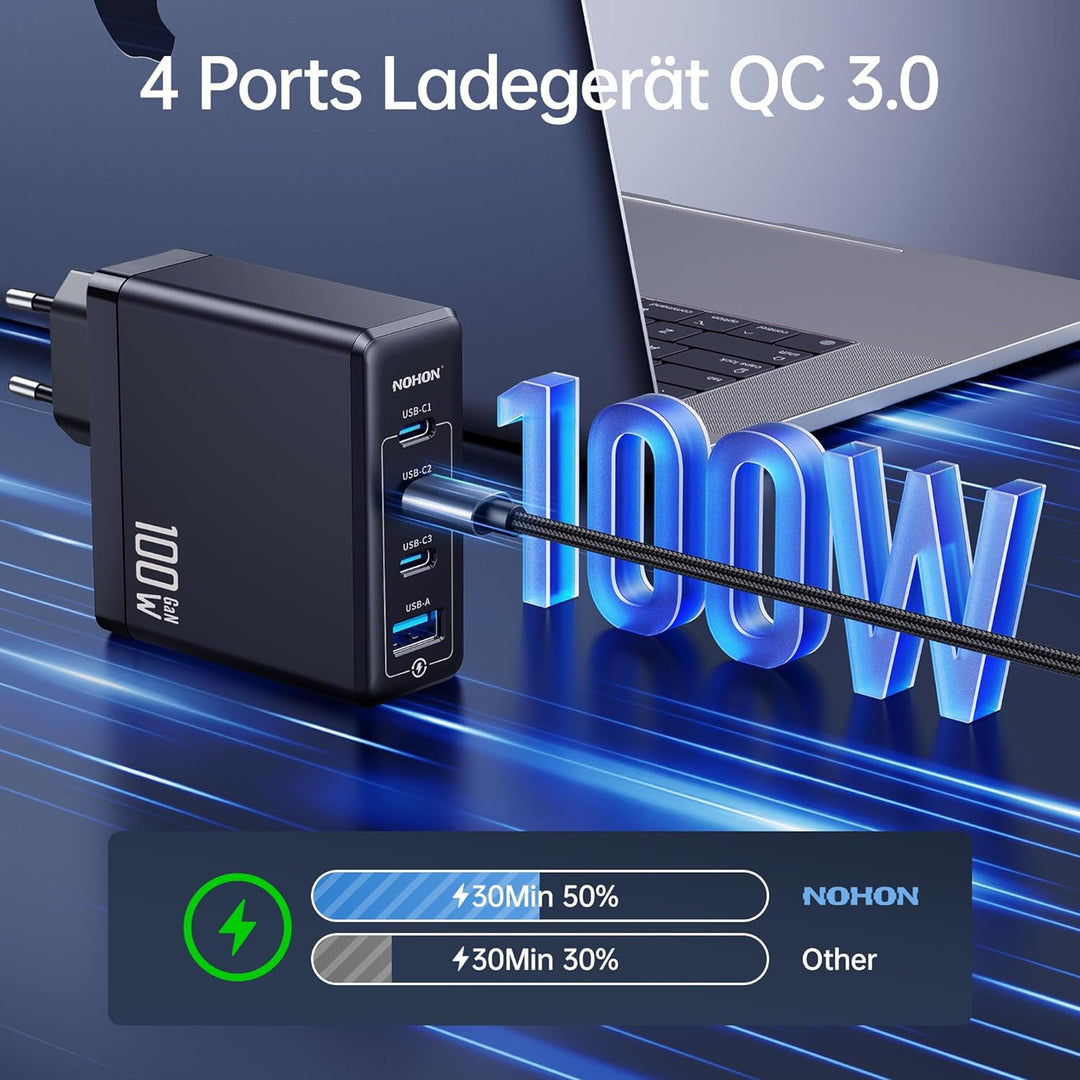 NOHON USB-C Ladegerät Fast Netzteil: 100W GaN Handy 3-Port Schnellladegerät PD3.0 mit 140W Typ-C 1.2