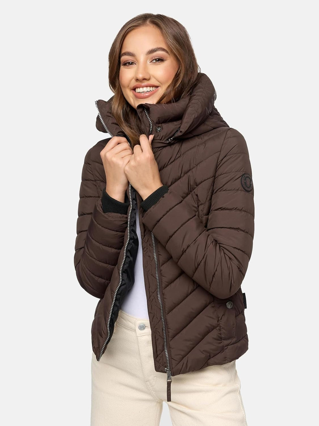 MARIKOO Damen Übergangsjacke leichte Steppjacke kurz mit Abnehmbarer Kapuze Kagomee XS-XXL XL Dark C