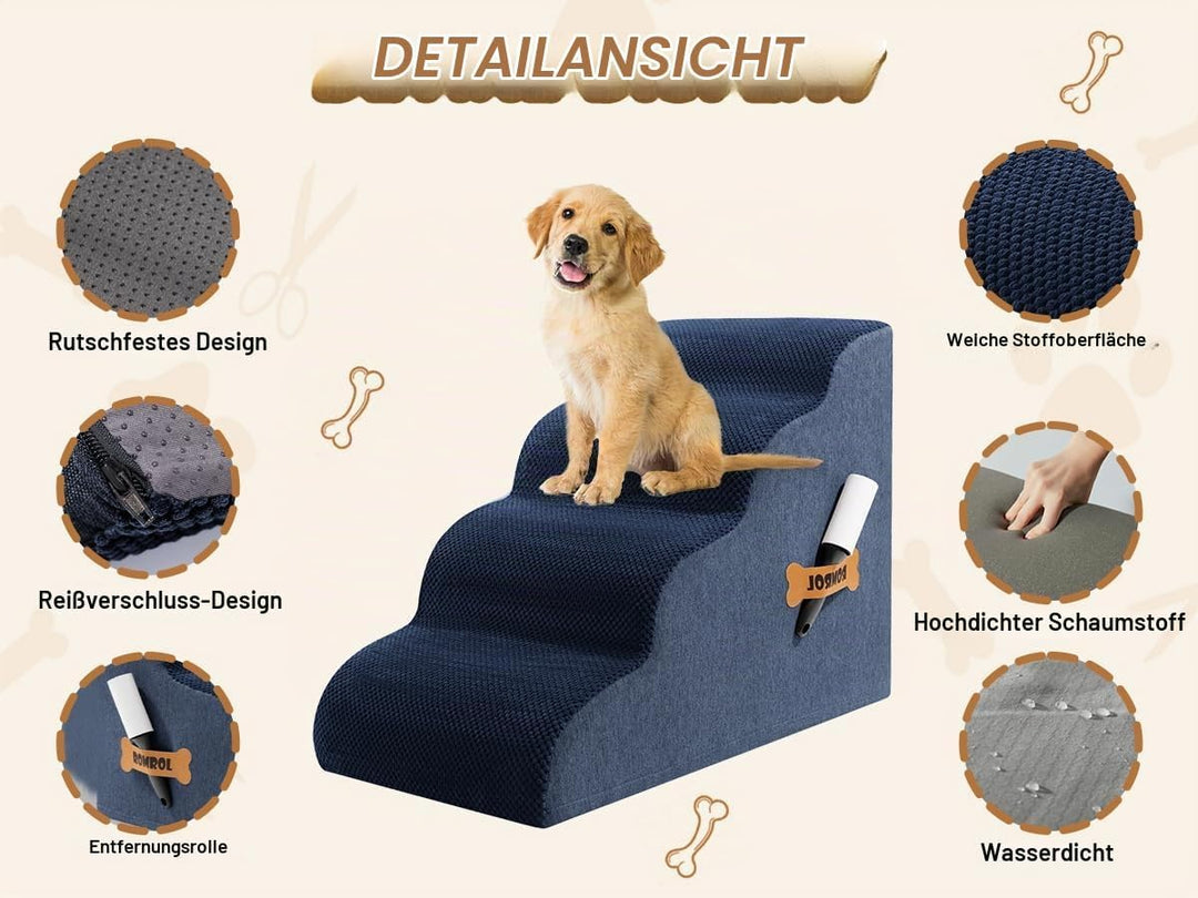 ROMROL Hundetreppe 4 Stufen – rutschfeste Haustiertreppe für kleine Hunde &amp; Katzen – Waschbarer Bezu