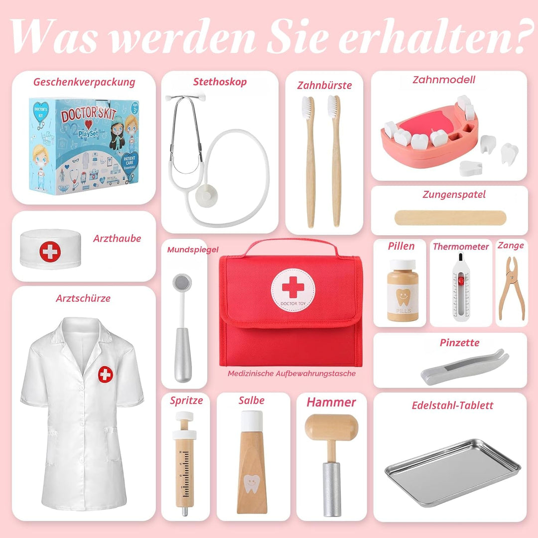 Mardo Arztkoffer Kinder Holz Doktorkoffer mit Echtem Stethoskop, Arztkittel und Doktortasche in Rot,