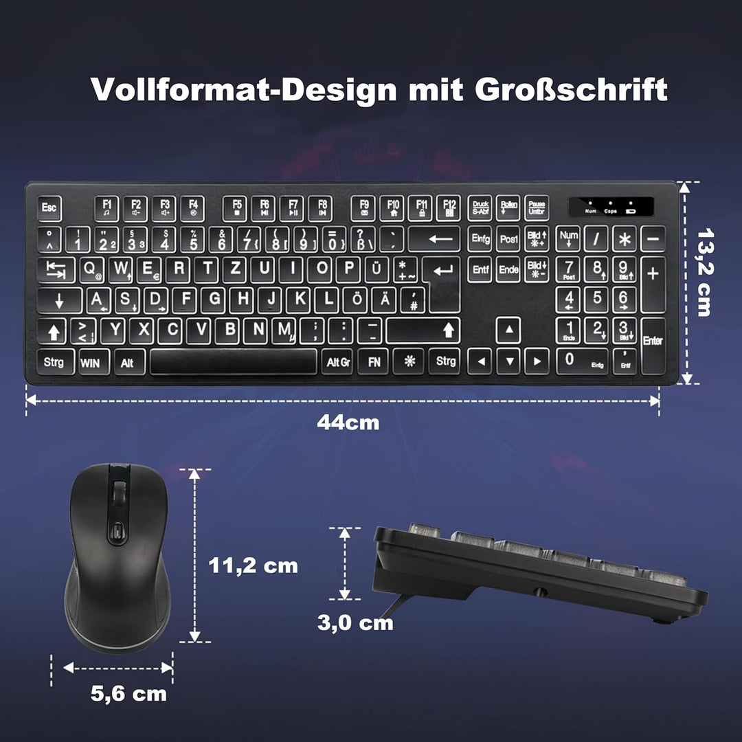 2,4-GHz Kabellose Beleuchtete Tastatur &amp; Maus Set, QWERTZ | 3 Helligkeitsstufen, Sanfte weisse Hinte