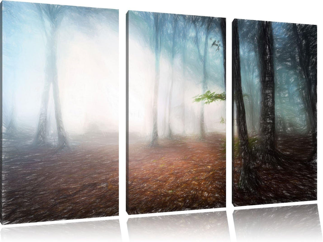 Pixxprint Düsterer Wald im Nebel / 3-Teilig/Gesamtmass 120cm Leinwandbild bespannt auf Holzrahmen/Wa