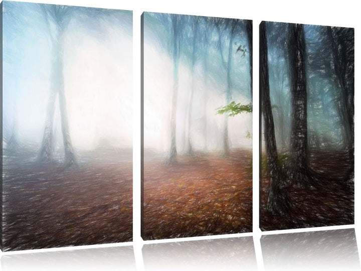 Pixxprint Düsterer Wald im Nebel / 3-Teilig/Gesamtmass 120cm Leinwandbild bespannt auf Holzrahmen/Wa