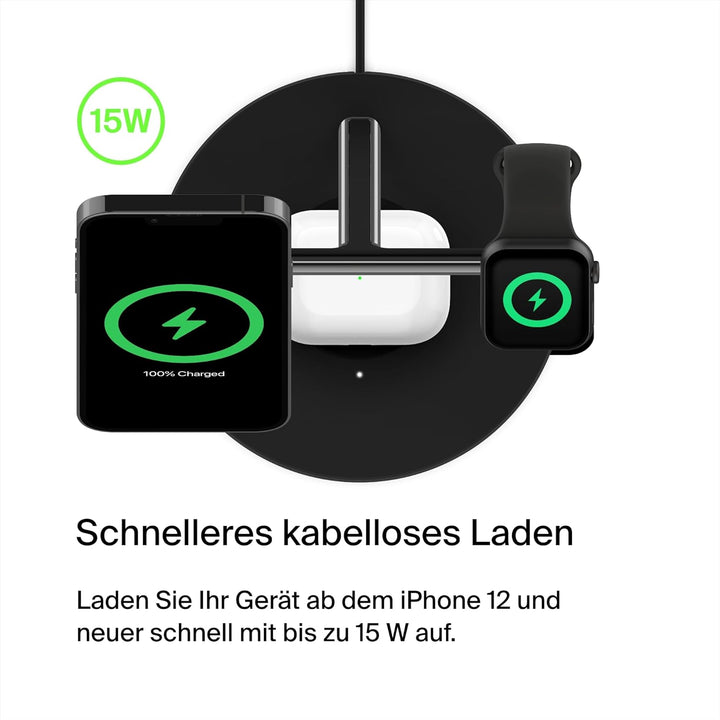 Belkin drahtloses MagSafe 3-in-1-Ladegerät, MagSafe ladestation 15 W, schnelles Laden für das iPhone