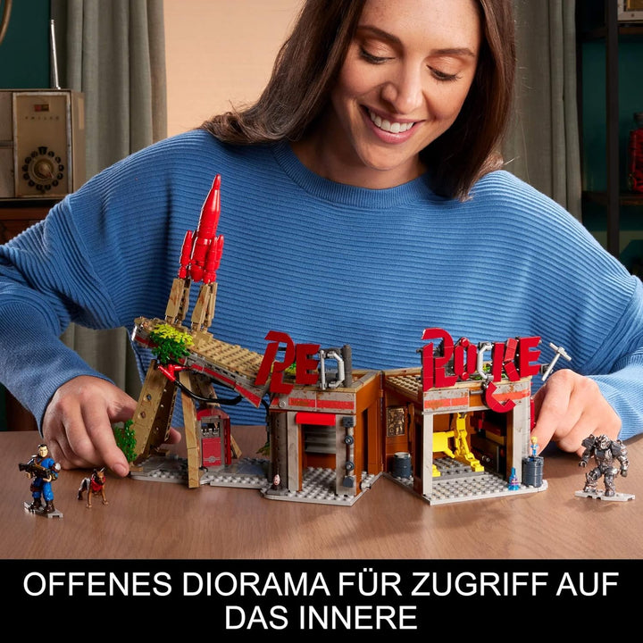 MEGA Fallout Actionfiguren Bauspielzeuge, Red-Rocket-Raststätte mit 824 Teilen, 2 beweglichen Charak