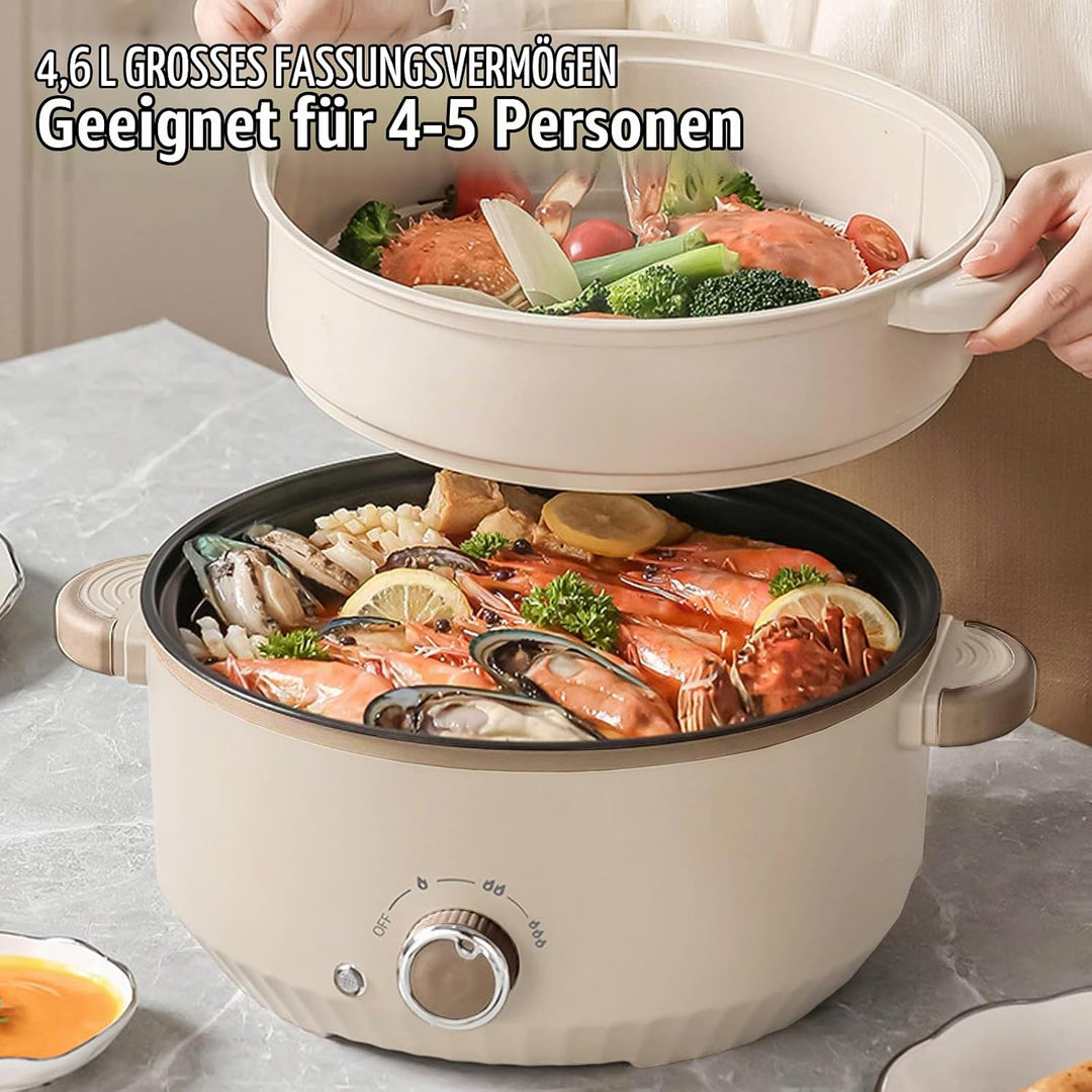 Hot Pot Elektrisch mit Dampfgarer, 4.6 L Tragbar Elektrischer Kochtopf 1000W, Multifunktionaler Hotp