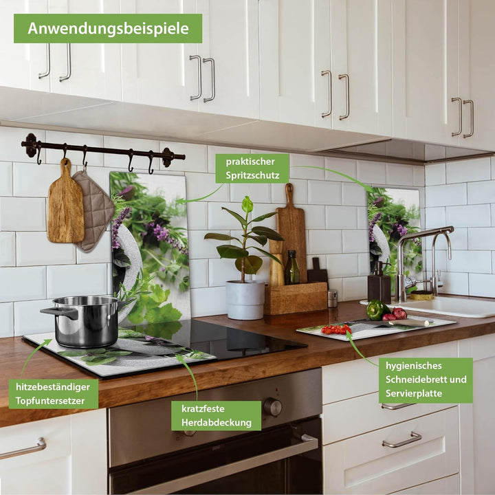 banjado® Herdabdeckplatte Glas 2-teilig je 30x52 cm/Schneidebrett Herdabdeckung mit Motiv Kräuter/He