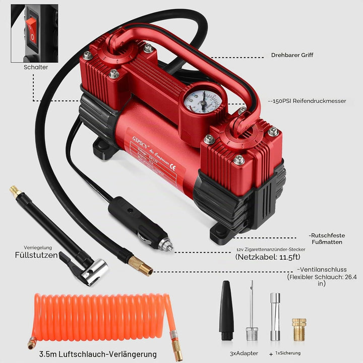 GSPSCN Robuster Reifenfüller, Doppelzylinder, tragbarer Metall, DC 12 V, Luftkompressor, 150 PSI, Re