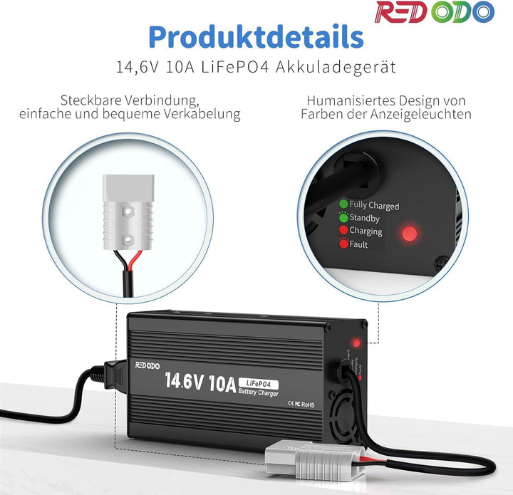 Redodo 12V 140Ah H190 Bluetooth Untersitz-LiFePO4 Batterie mit 12V 10A Lifepo4 Batterieladegerät, 17